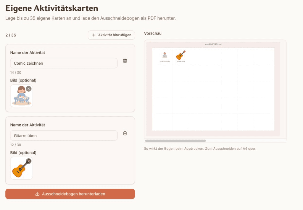Screenshot: create custom activity cards and cutout sheet preview