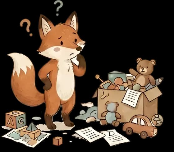 Nachdenkender Fuchs mit Spielzeug